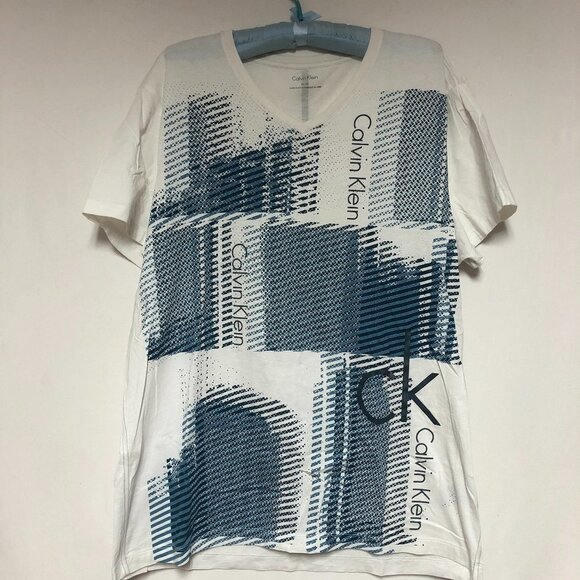 Calvin Klein Blue & White V Neck T-Shirt Size XL - Picture 1 of 10